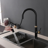 Grifo de cocina con rociador extraíble negro mate de latón moderno y grifo mezclador de cocina dorado